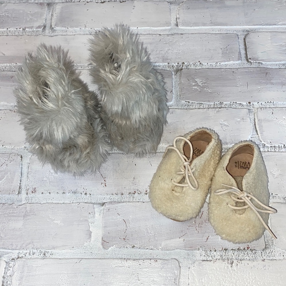 Baby Zara Mini Sherpa lace up shoes & gray fur boots bundle!!